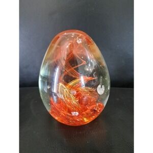 Vtg Art Glass Paperweight 4.5" Teardrop Shape Orange White Yellow Swirls‎ READ